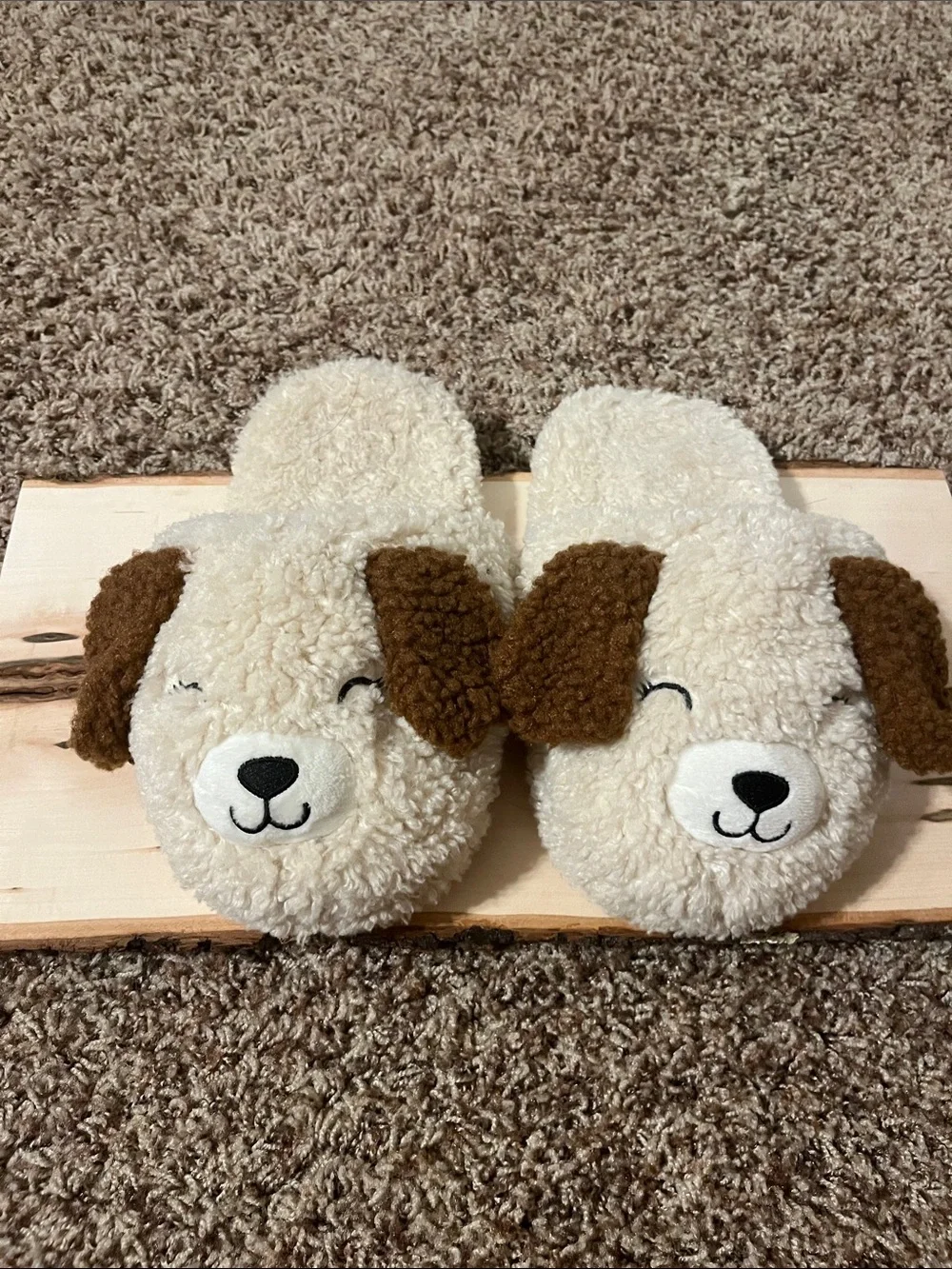 wonder nation Girls Plush Cream & Brown Dog Slippers